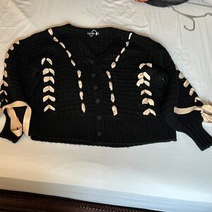 For Love And Lemons Black Cardigan with Cream Ribbon Accents Never worn